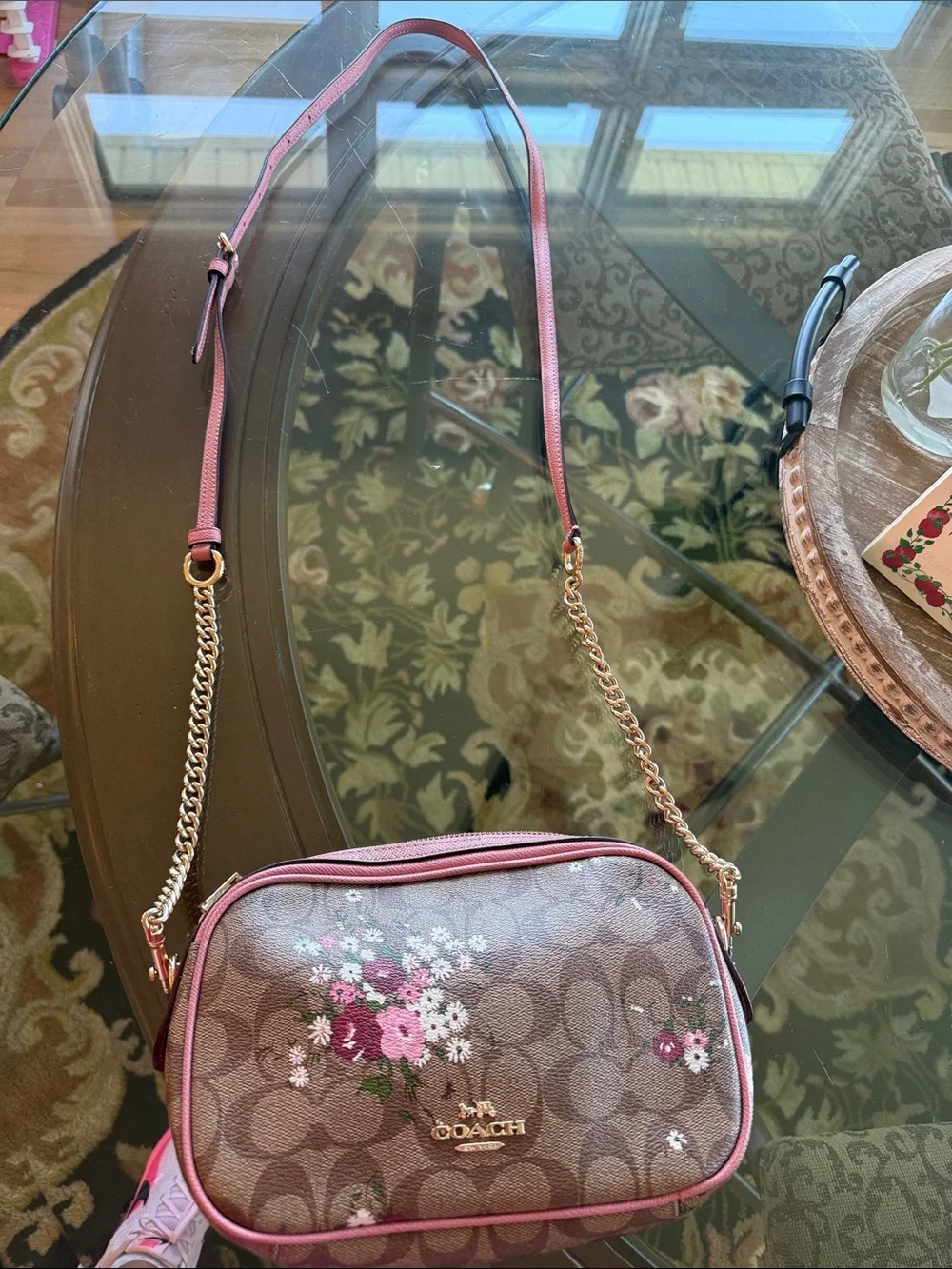 Like New Coach Floral Signature Canvas Crossbody in Brown and Pink